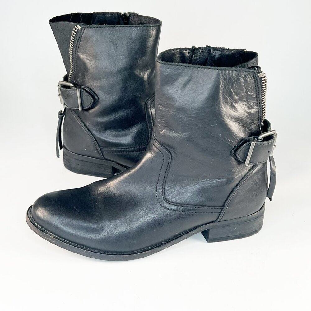 Aldo Black Leather Moto Motorcycle Buckle Ankle Boots Booties Women 7.5 - Picture 1 of 13